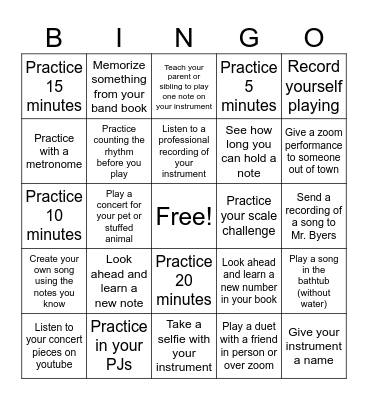 Winter Break Band Bingo Card