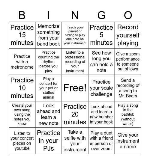 Winter Break Band Bingo Card