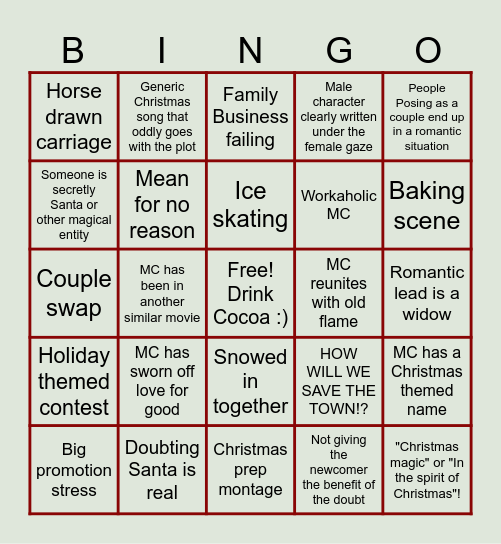 Corny Lifetime Christmas Movie Bingo Card