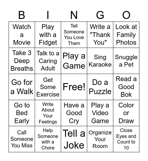 Coping Skills Bingo Card