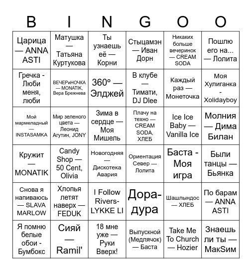 Музыкальное бинго 2025 Bingo Card