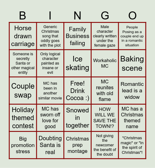 Corny Lifetime Christmas Movie Bingo Card