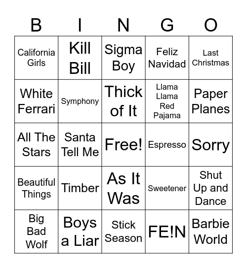 Music Bingo!!!!!!! Bingo Card