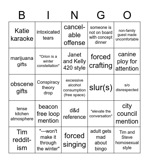 Kid's table Bingo Card