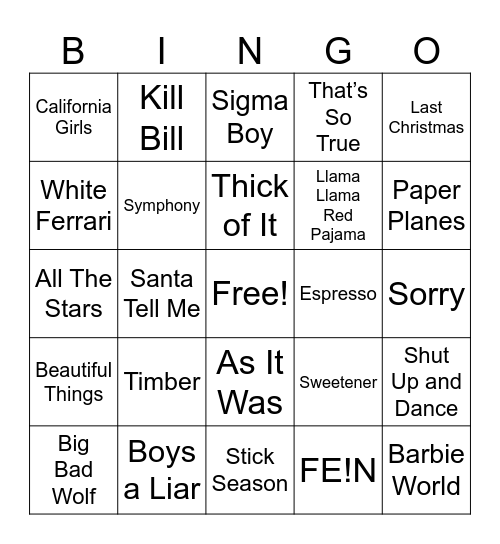 MUSIC BINGO!!!! Bingo Card