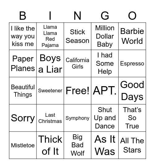 MUSIC BINGO!!! Bingo Card