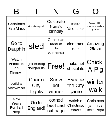 Bowden Family Winter Bingo Card