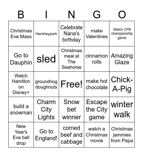 Bowden Family Winter Bingo Card