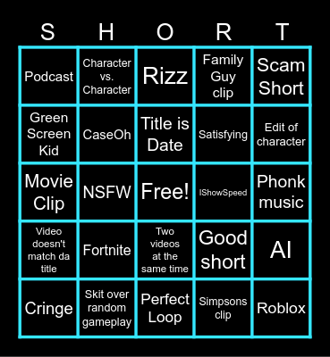 YouTube Shorts Bingo Card