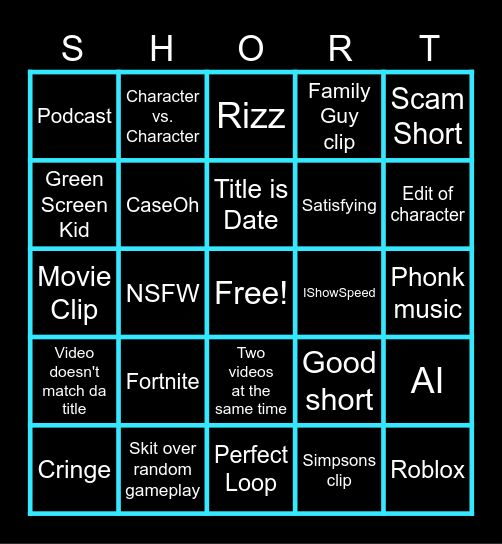 YouTube Shorts Bingo Card