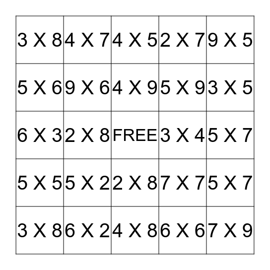 Multiplication Bingo Card
