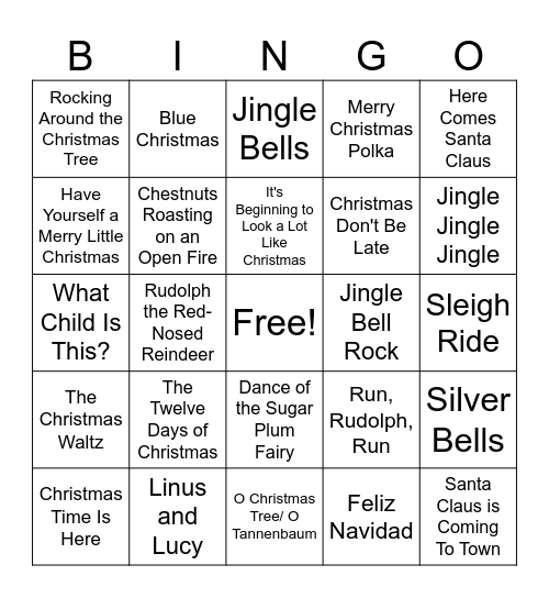 Winter Holiday Songs Bingo Card