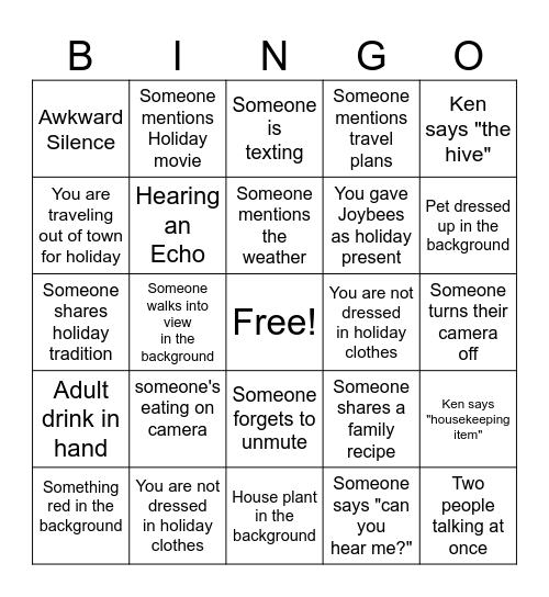 Joybees Holiday Bingo Card