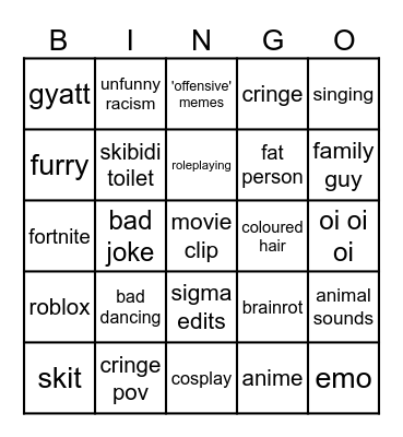 cringe bingo Card