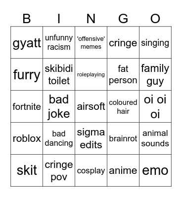cringe bingo Card