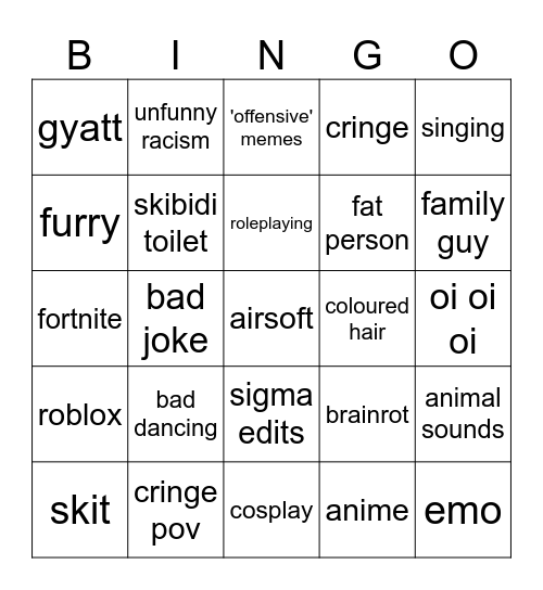 cringe bingo Card