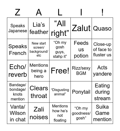 Zali Outfit Bingo Card