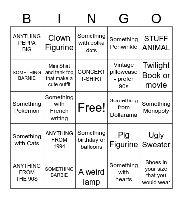 Thrift Store Scavenger Hunt Bingo Card