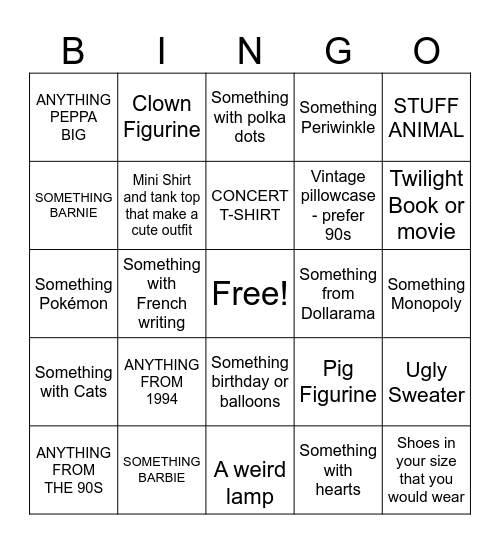 Thrift Store Scavenger Hunt Bingo Card