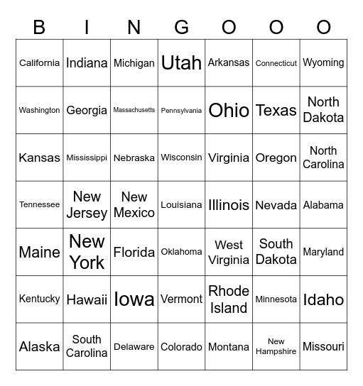 State Spotting Bingo Card