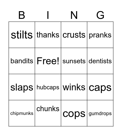 Suffix -s Bingo Card