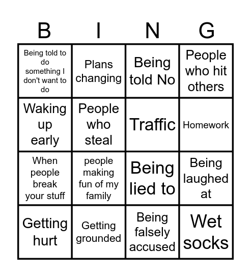 Anger Bingo Card