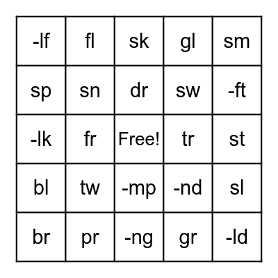 Consonant Blends Bingo Card