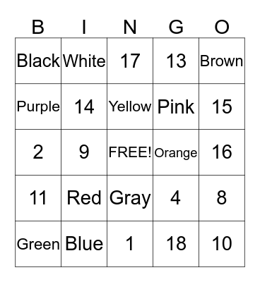 Los colores y numeros Bingo Card