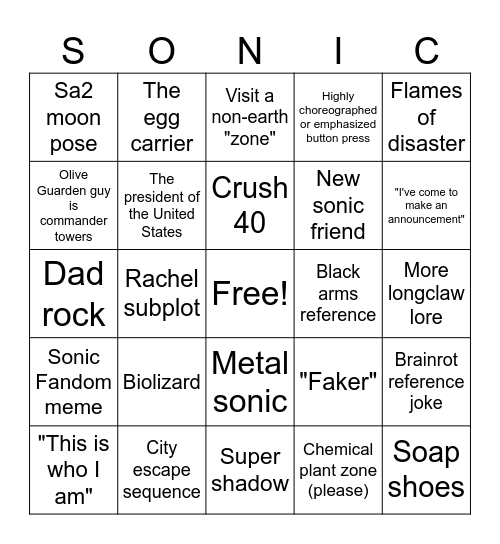 Sonic 3 bingo Card