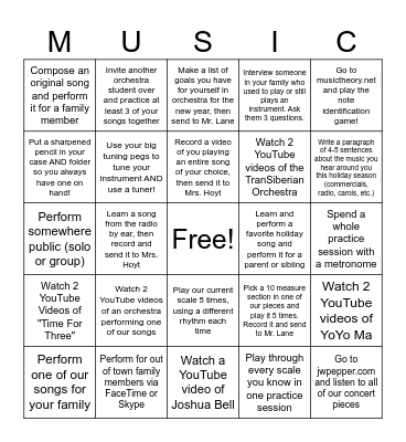 Winter Break Orchestra Bingo Card