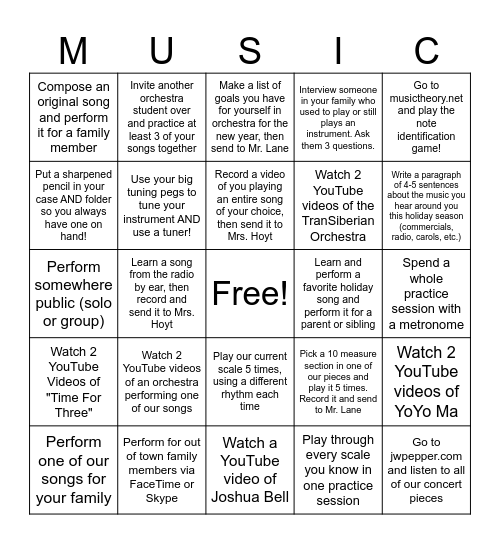 Winter Break Orchestra Bingo Card