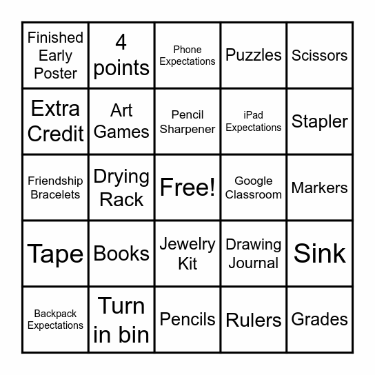 Middle School Art Bingo Card