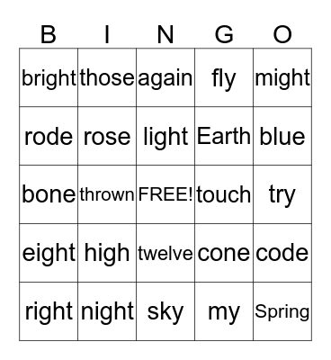 1st Grade Spelling Bingo Card