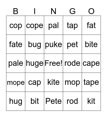 CVC/CVCe Bingo Card