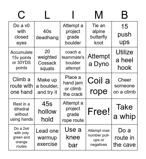 Climb Bingo Card