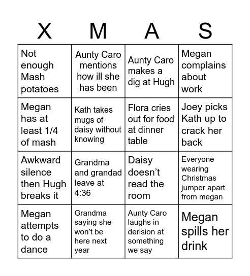 Kevin’s Christmas fun Bingo Card