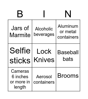 Contraband Bingo Card