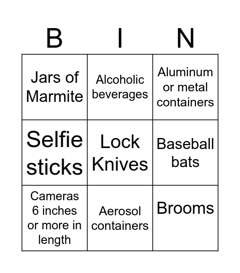 Contraband Bingo Card