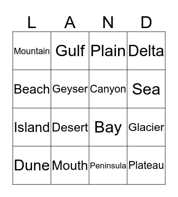 Landform Bingo Card