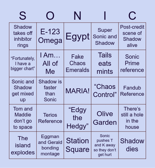 Sonic Movie 3 Bingo Card