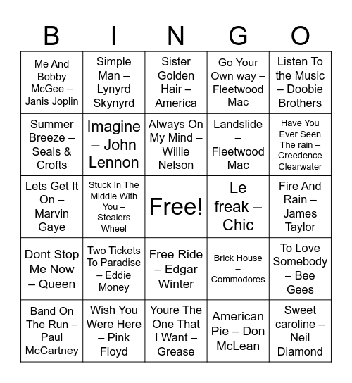 1970s Bingo Card