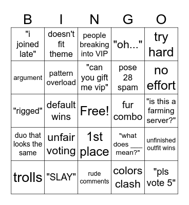 Dress to Impress Bingo Card