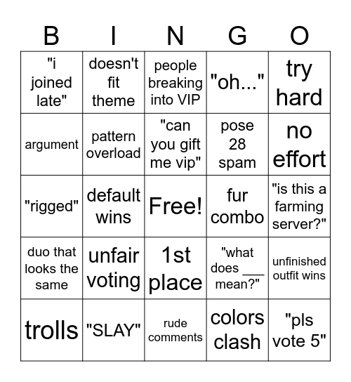 Dress to Impress Bingo Card