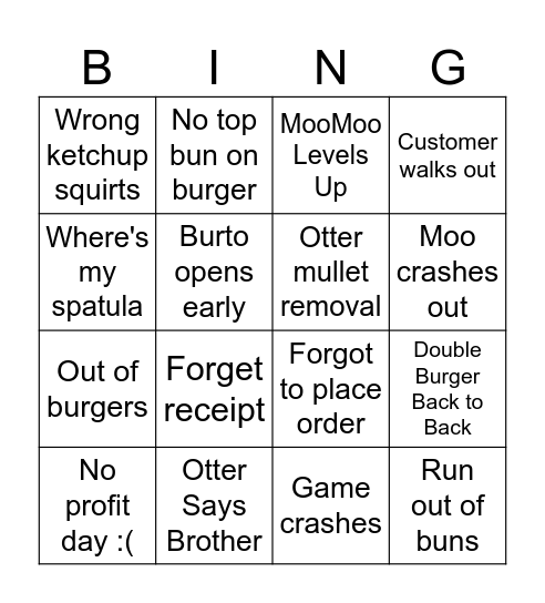 Fast Food Sim Bingo Card