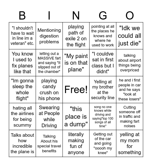 Dad Traveling bingo Card