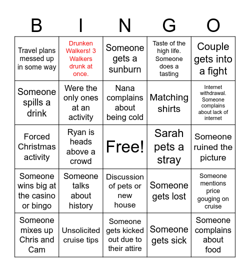 Walker Cruise Bingo Card