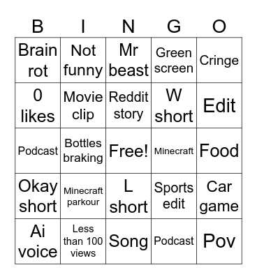 YouTube shorts bingo Card