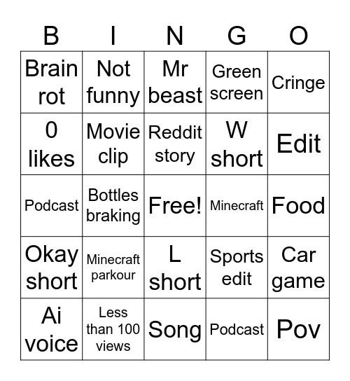 YouTube shorts bingo Card