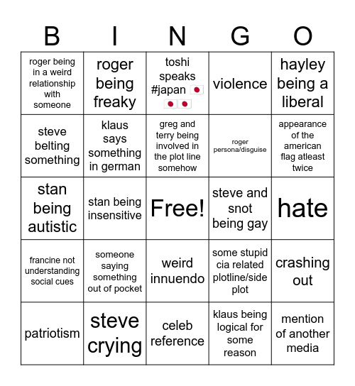 american dad bingo Card