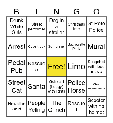 St. Pete Trolley Bingo Card